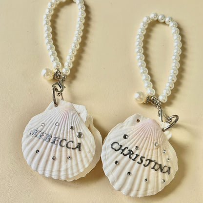 Personalized Name Pearl Shell Keychain for Women, Handmade Natural Scallop, gallery view 5