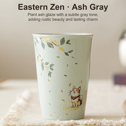 Handcrafted plant ash glaze ceramic mug with hand-painted cat and osmanthus design, gallery view 1