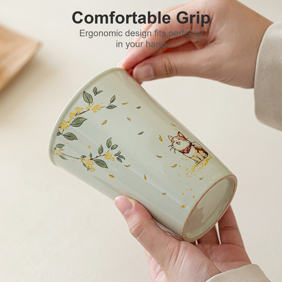 Handcrafted plant ash glaze ceramic mug with hand-painted cat and osmanthus design, gallery view 4