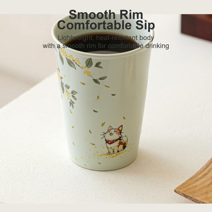 Handcrafted plant ash glaze ceramic mug with hand-painted cat and osmanthus design, gallery view 5
