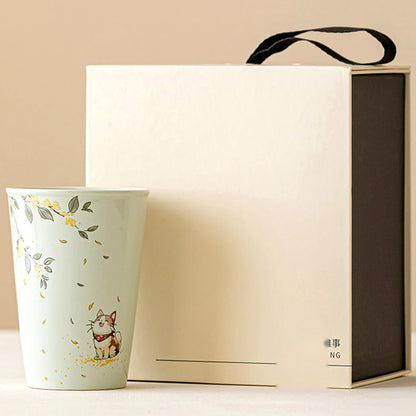 Handcrafted plant ash glaze ceramic mug with hand-painted cat and osmanthus design, gallery view 6