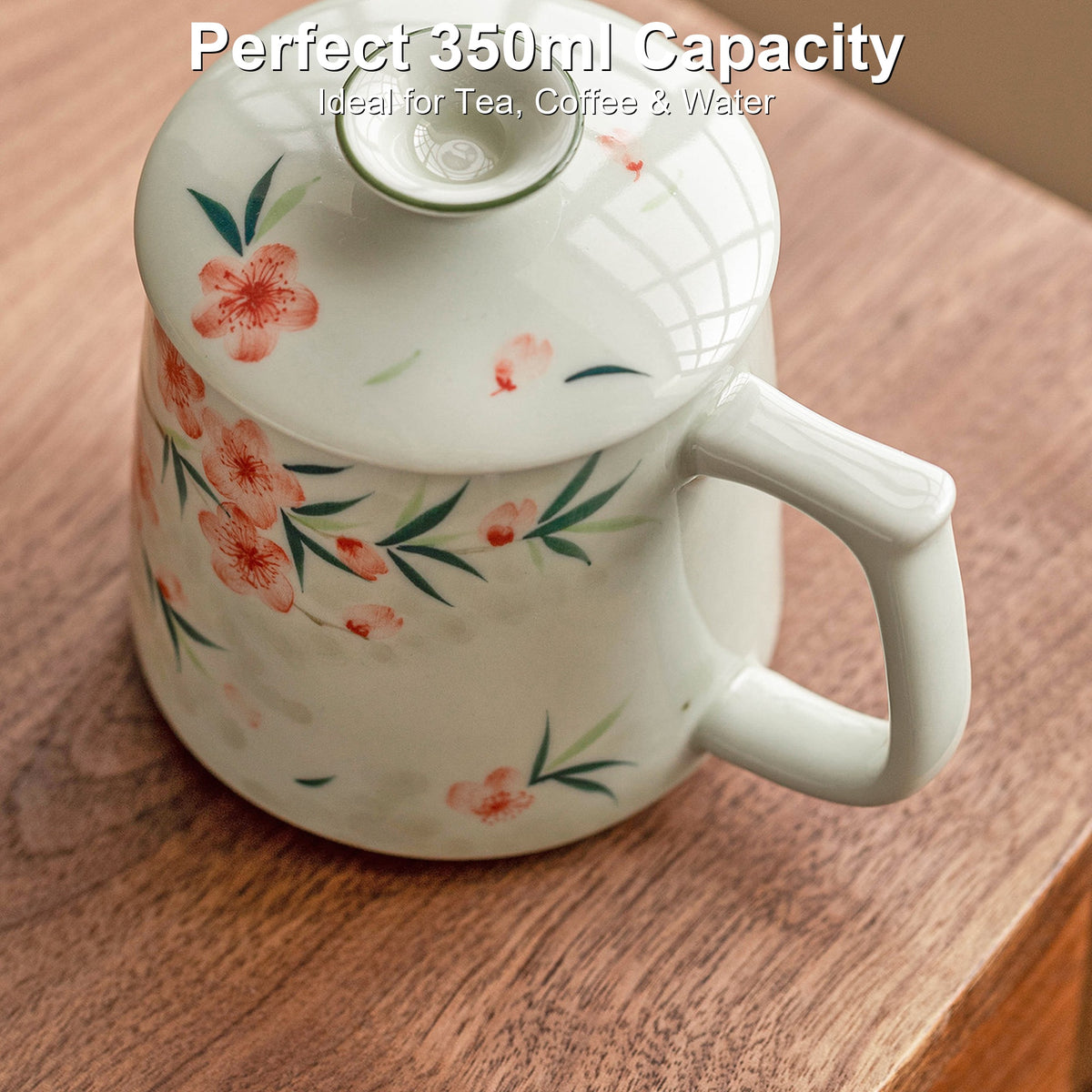 Hand-painted peach blossom ceramic mug with ceramic lid and tea strainer, gallery view 1