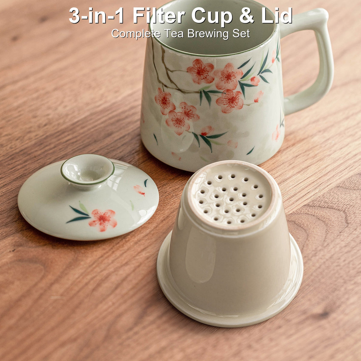 Hand-painted peach blossom ceramic mug with ceramic lid and tea strainer, gallery view 2
