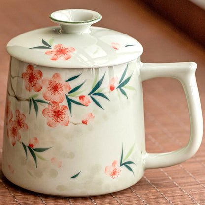 Hand-painted peach blossom ceramic mug with ceramic lid and tea strainer, gallery view 3