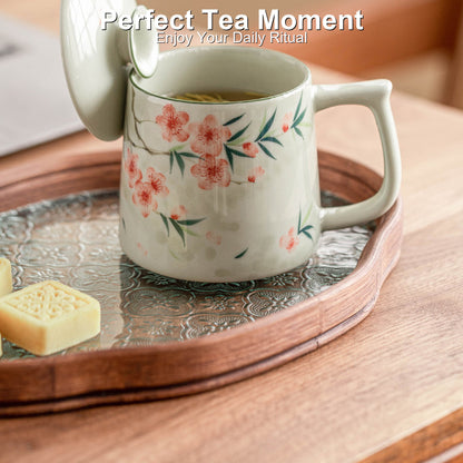 Hand-painted peach blossom ceramic mug with ceramic lid and tea strainer, gallery view 4