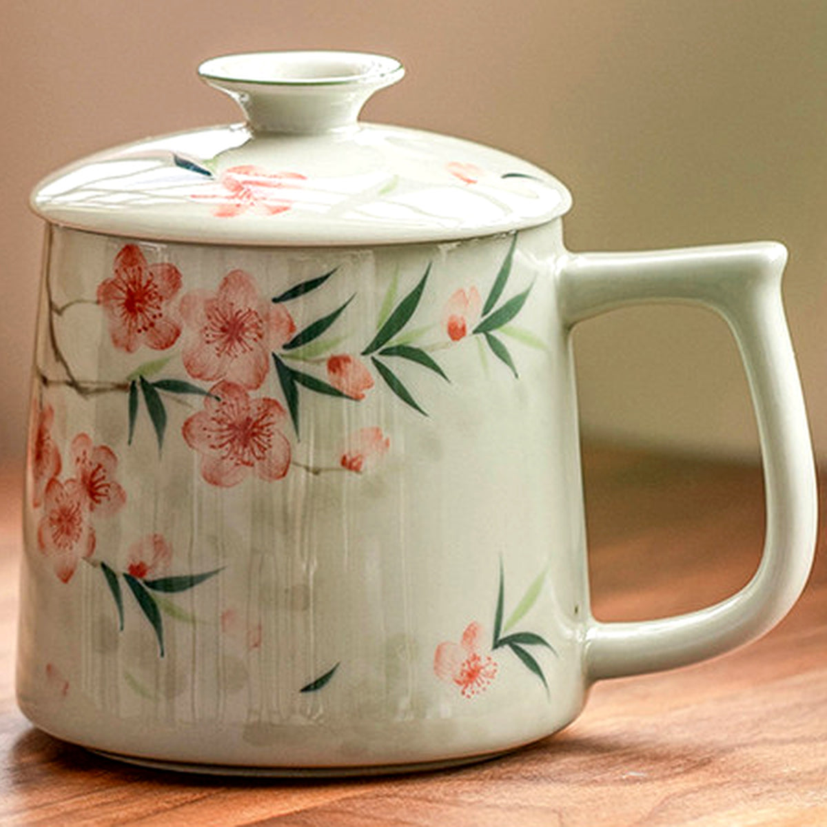 Hand-painted peach blossom ceramic mug with ceramic lid and tea strainer, gallery view 5
