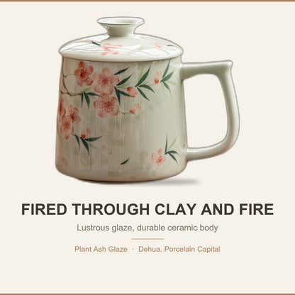 Hand-painted peach blossom ceramic mug with ceramic lid and tea strainer, gallery view 7