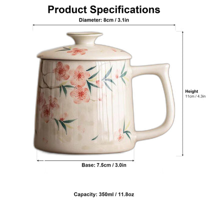 Size chart for the 350ml peach blossom mug: 8 cm mouth diameter, 11 cm height, 7.5 cm base, 395 g