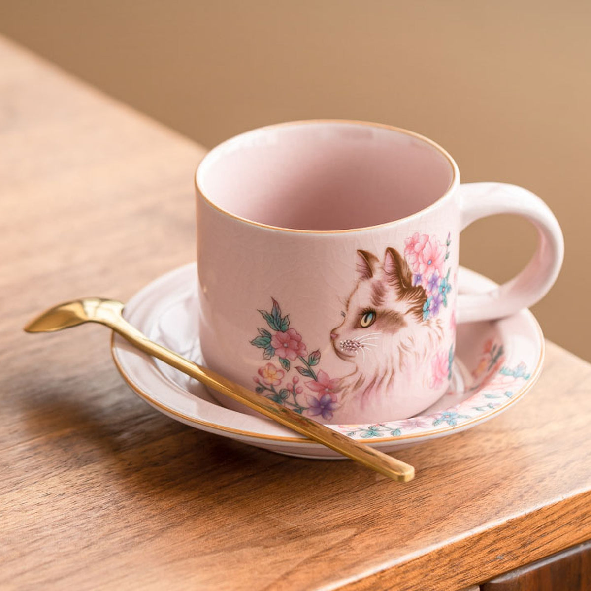 Pink Ru glaze ceramic coffee cup set with hand-painted flower cat, saucer and gold spoon