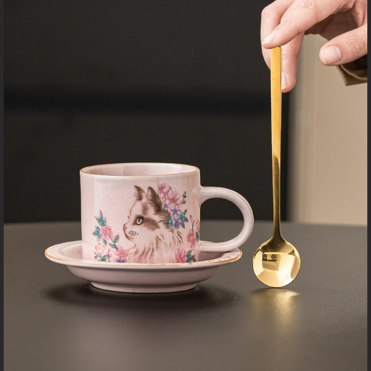 Pink Ru glaze flower cat coffee cup with saucer and gold spoon, gallery view 2