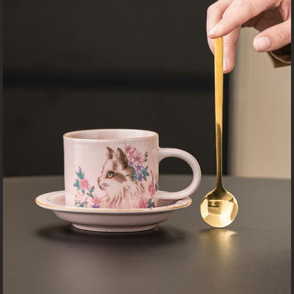 Pink Ru glaze flower cat coffee cup with saucer and gold spoon, gallery view 2