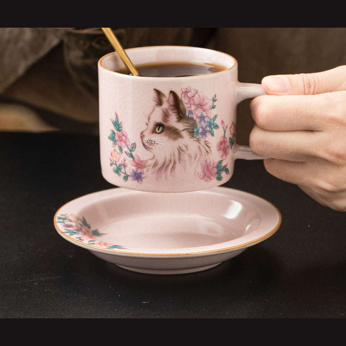 Pink Ru glaze flower cat coffee cup with saucer and gold spoon, gallery view 3