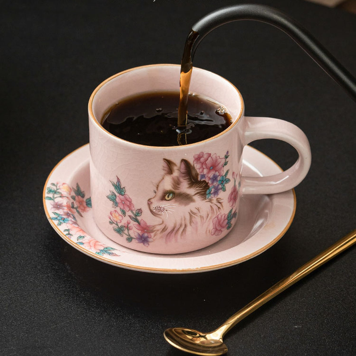 Pink Ru glaze flower cat coffee cup with saucer and gold spoon, gallery view 4