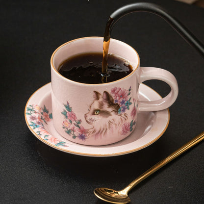 Pink Ru glaze flower cat coffee cup with saucer and gold spoon, gallery view 4