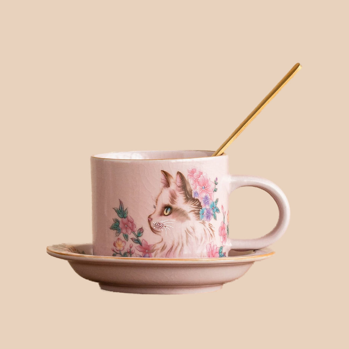 Pink Ru glaze flower cat coffee cup with saucer and gold spoon, gallery view 5