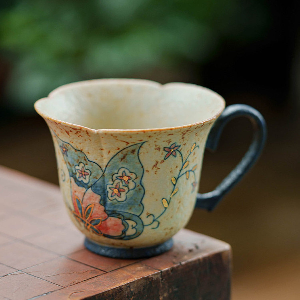 Blue white flamestone red butterfly ceramic tea cup with heart handle, walnut saucer and porcelain spoon