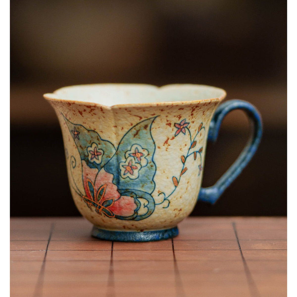 Hand-painted gold-traced butterfly tea cup with heart-shaped handle, gallery view 2