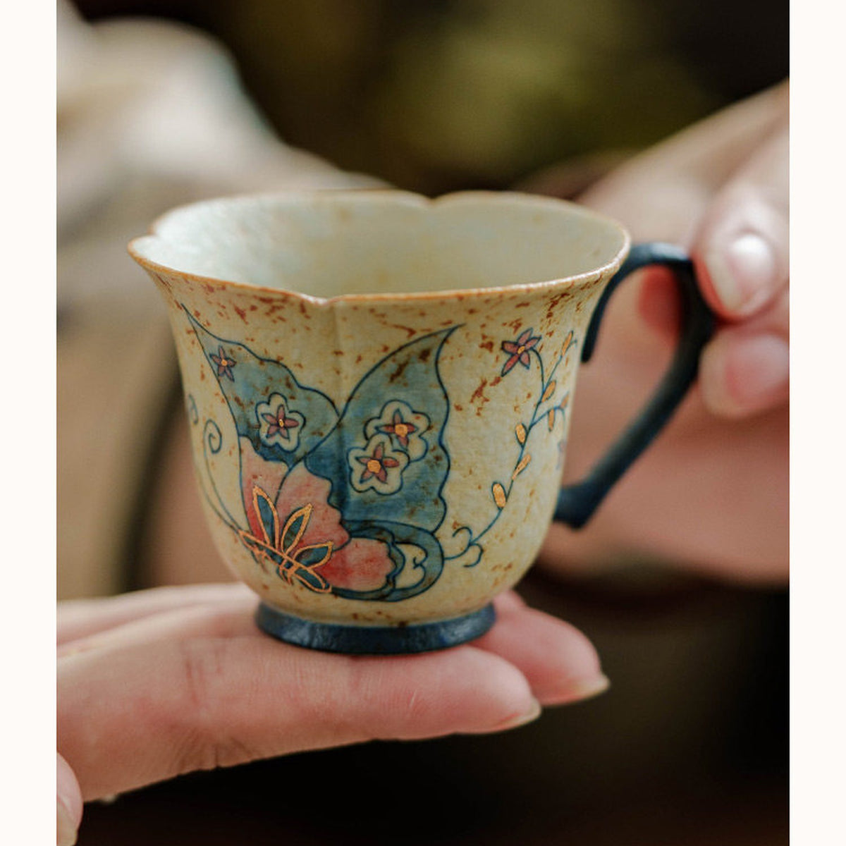 Hand-painted gold-traced butterfly tea cup with heart-shaped handle, gallery view 4