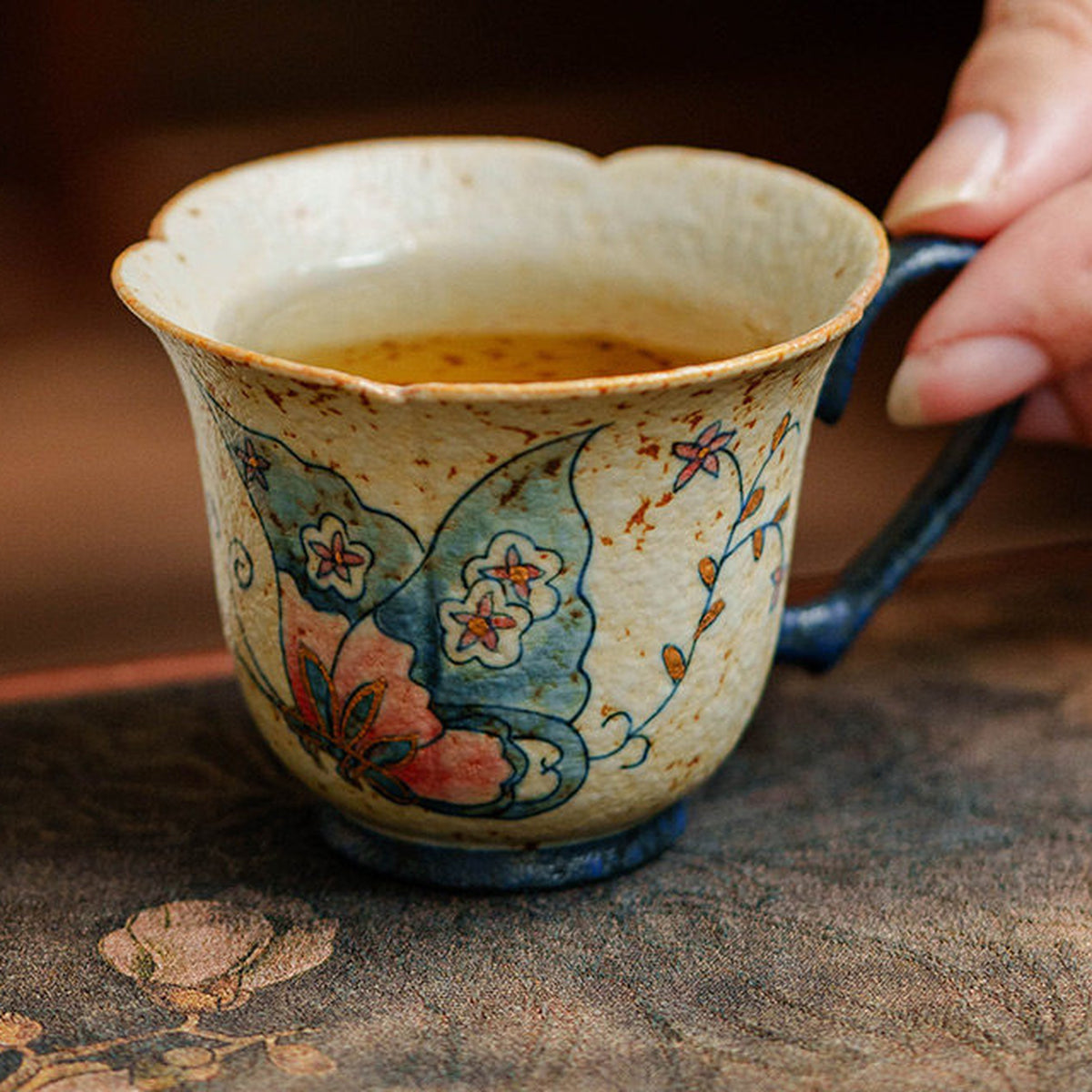 Hand-painted gold-traced butterfly tea cup with heart-shaped handle, gallery view 5