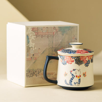 Mineral white tea infuser mug with hand-decorated butterfly and cat art, gallery view 2