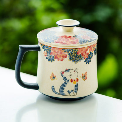 Mineral white tea infuser mug with hand-decorated butterfly and cat art, gallery view 3