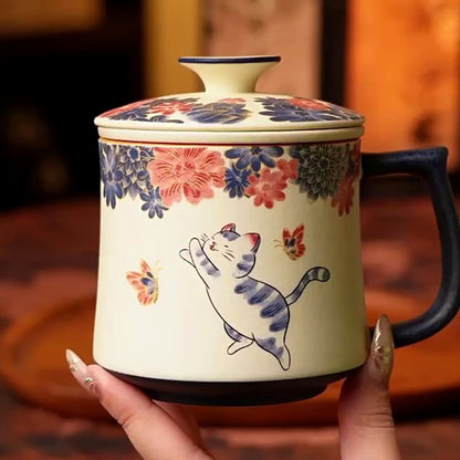 Mineral white tea infuser mug with hand-decorated butterfly and cat art, gallery view 6