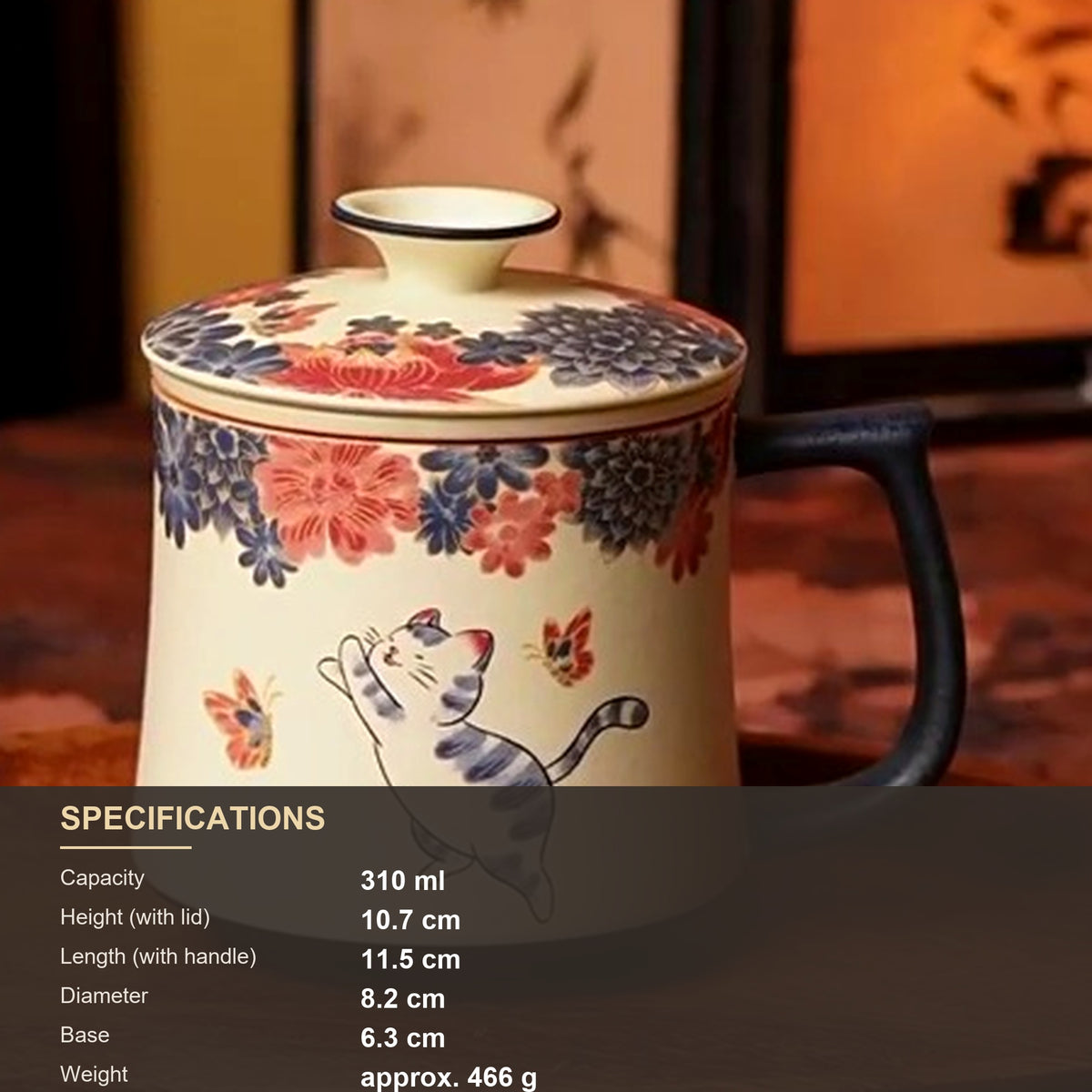 Mineral white tea infuser mug with hand-decorated butterfly and cat art, gallery view 7
