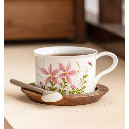 Daisy and dragonfly ceramic cup set with walnut wood saucer, gallery view 3