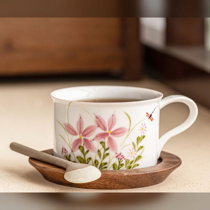 Daisy and dragonfly ceramic cup set with walnut wood saucer, gallery view 4