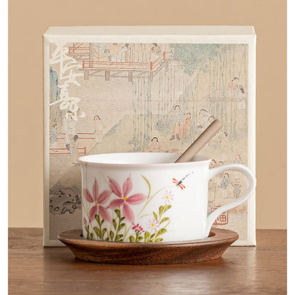 Daisy and dragonfly ceramic cup set with walnut wood saucer, gallery view 5