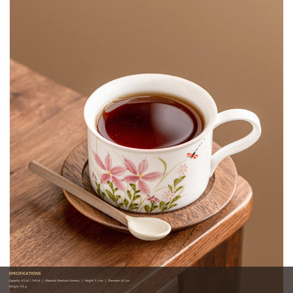 Daisy and dragonfly ceramic cup set with walnut wood saucer, gallery view 6
