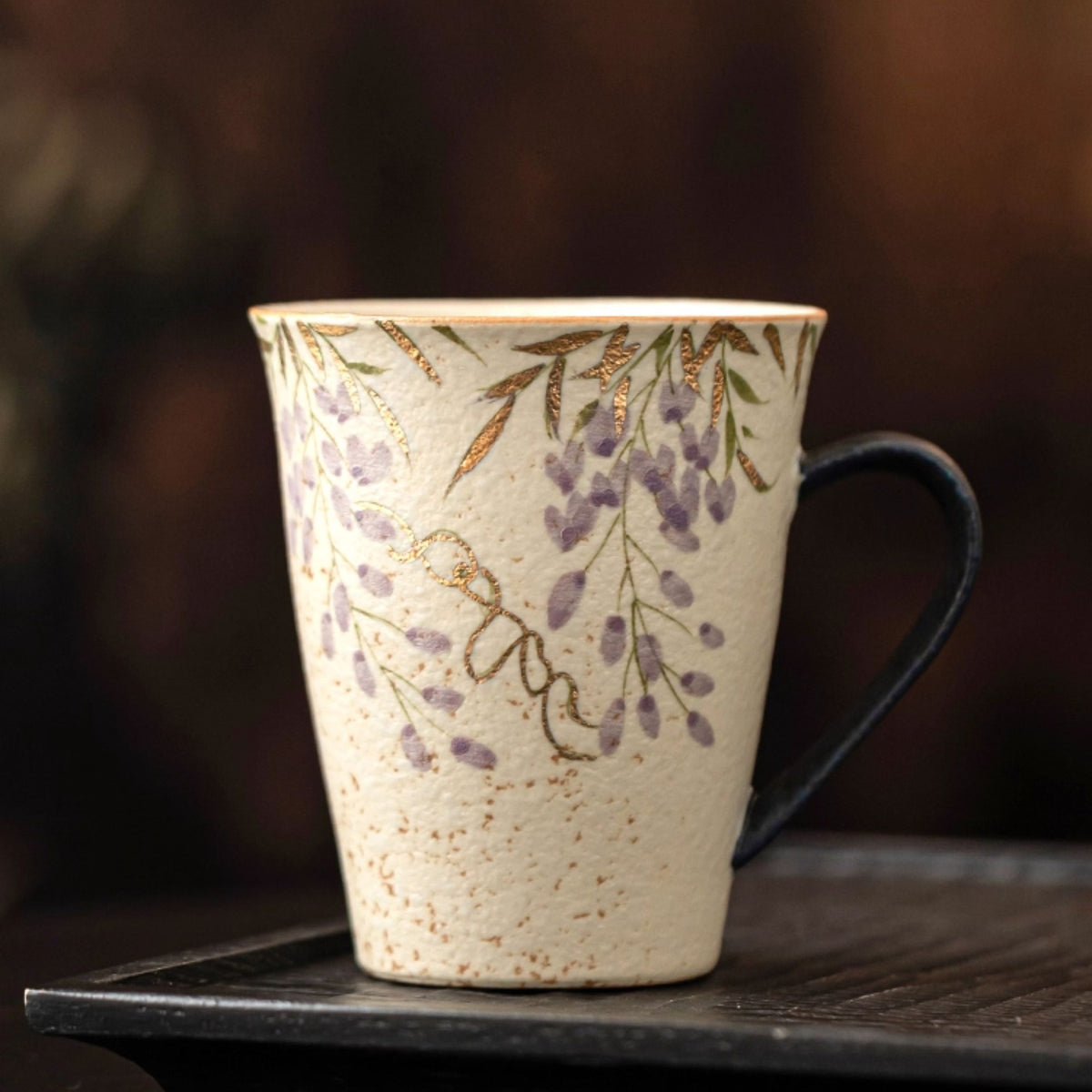 Hand-painted wisteria mug with gold trim in blue-fire red glaze, gallery view 3
