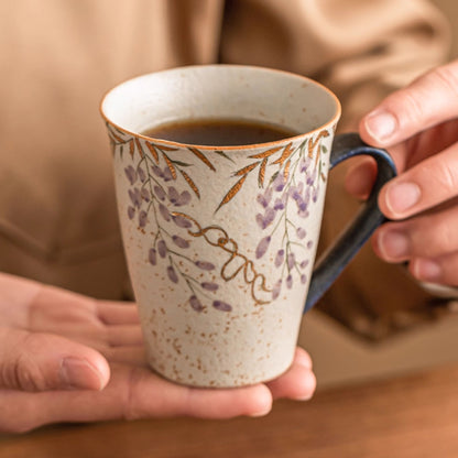 Hand-painted wisteria mug with gold trim in blue-fire red glaze, gallery view 4