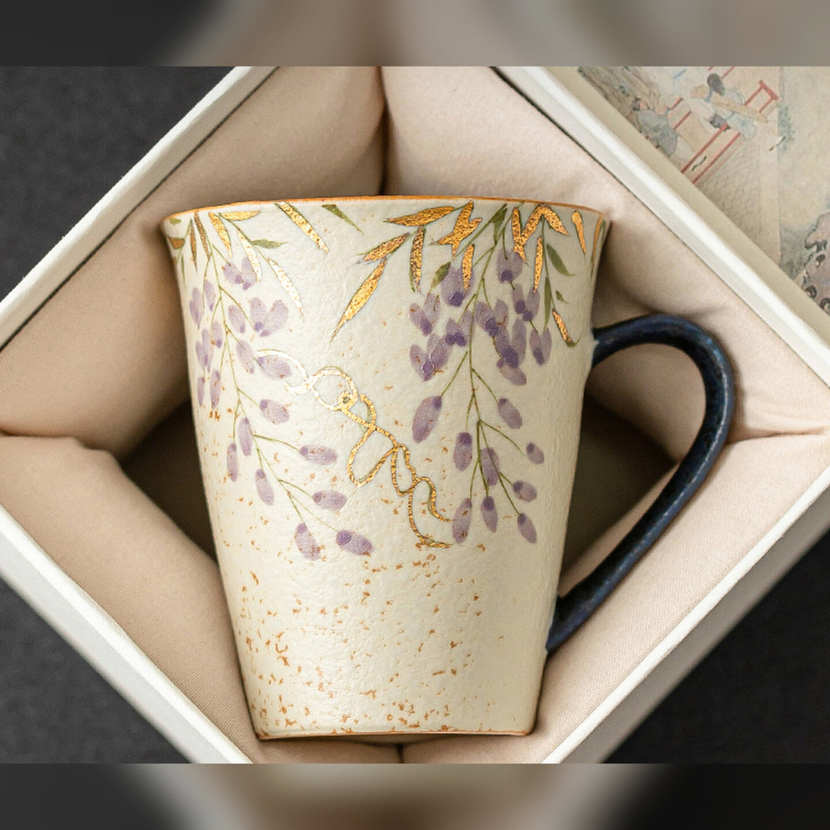 Hand-painted wisteria mug with gold trim in blue-fire red glaze, gallery view 5