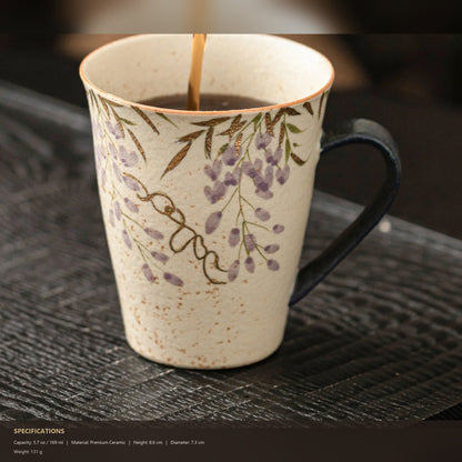 Hand-painted wisteria mug with gold trim in blue-fire red glaze, gallery view 6