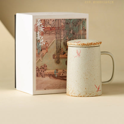 Pink orchid tea infuser mug in blue-fire red glaze, gallery view 5