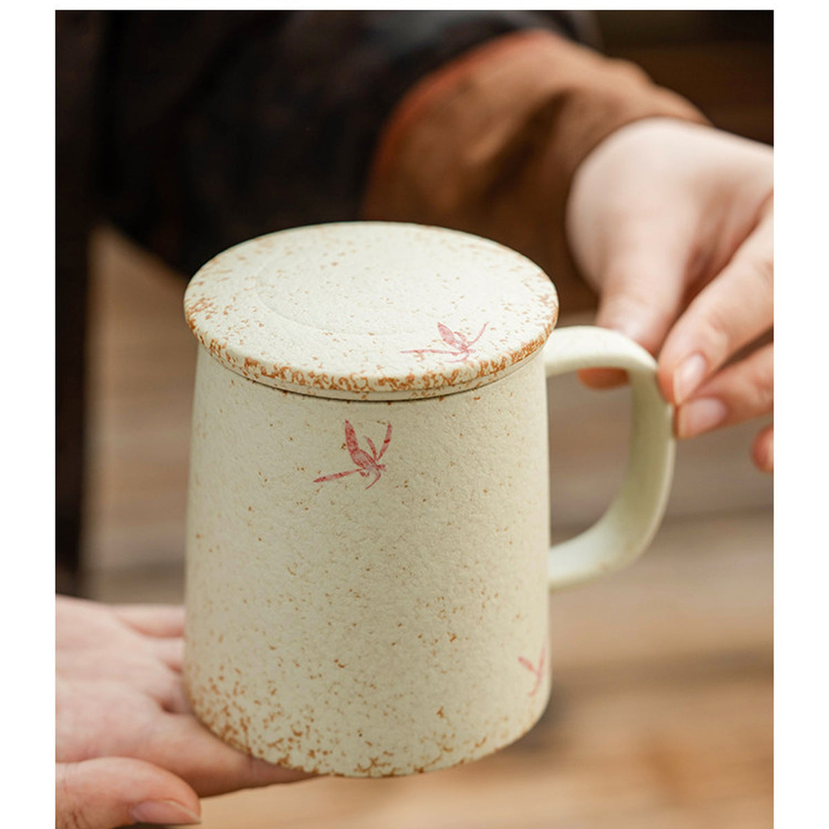 Pink orchid tea infuser mug in blue-fire red glaze, gallery view 6