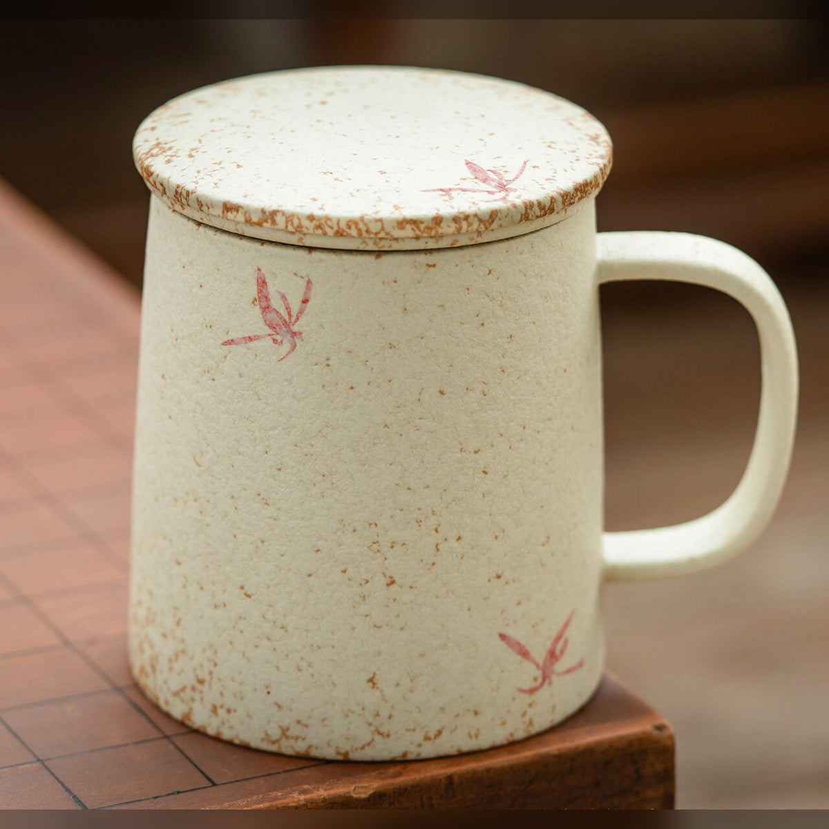 Hand-painted pink orchid ceramic tea mug with ceramic strainer