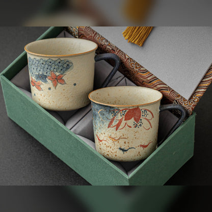 Koi and hydrangea ceramic coffee mug with gold trim in tassel gift box, gallery view 2