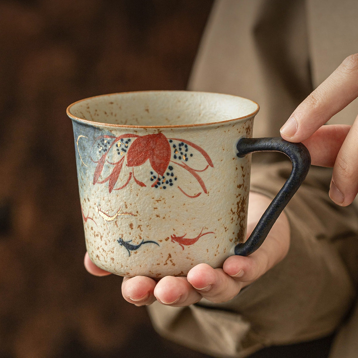 Koi and hydrangea ceramic coffee mug with gold trim in tassel gift box, gallery view 3