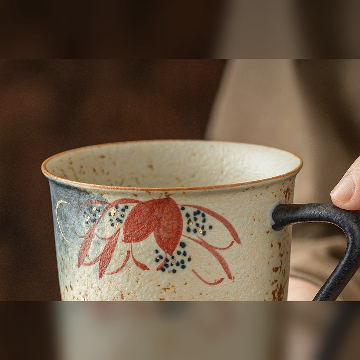 Koi and hydrangea ceramic coffee mug with gold trim in tassel gift box, gallery view 5