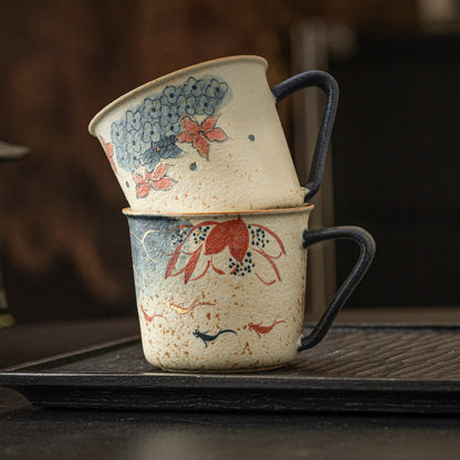 Blue and white firestone red hand-painted koi and hydrangea ceramic coffee mug