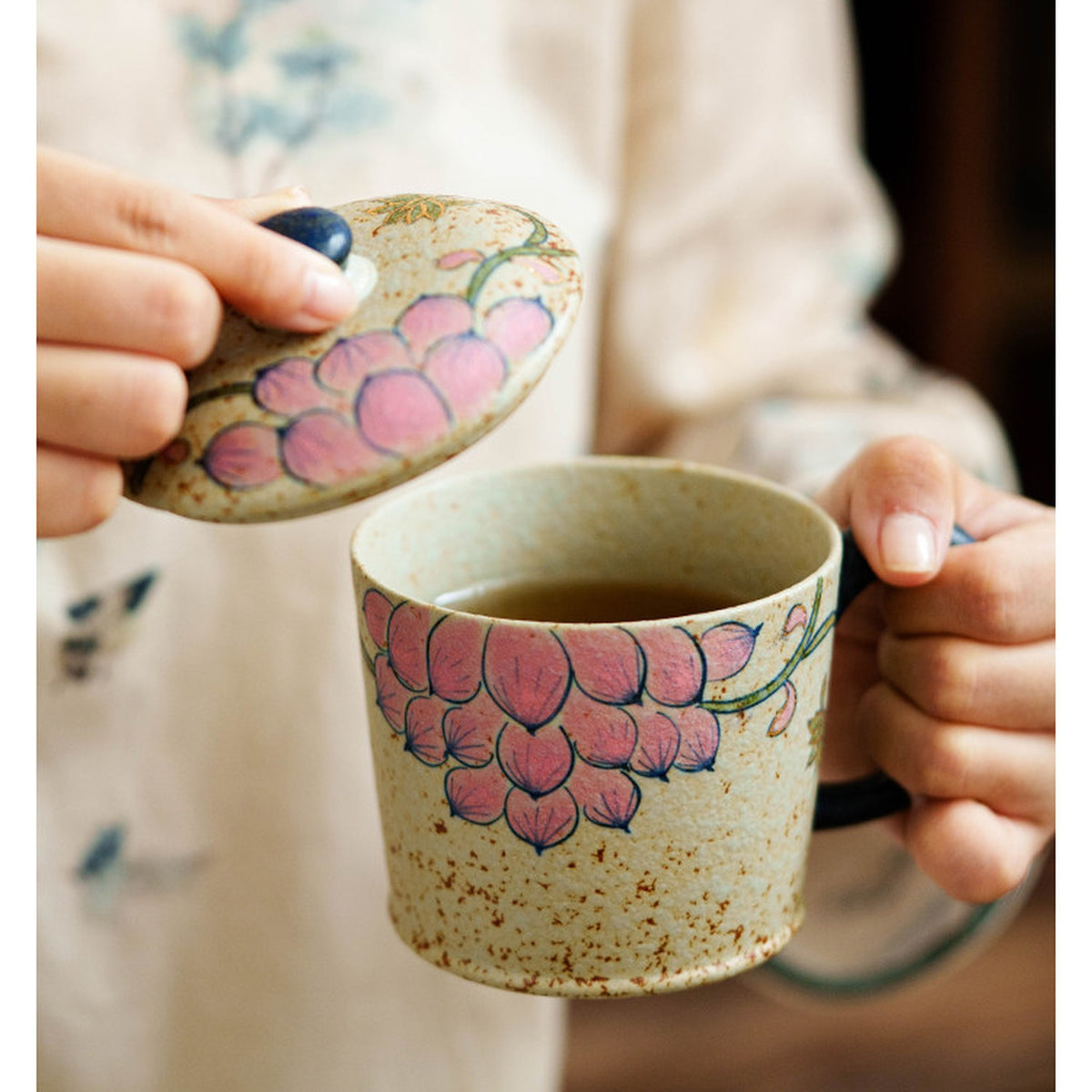 Hand-painted lotus mug with gold trim in blue-white and firestone red, gallery view 4