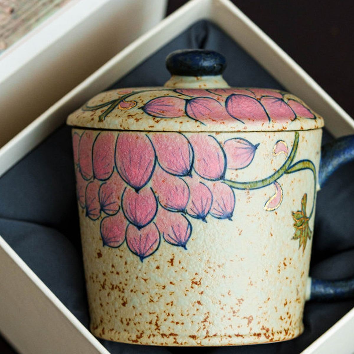 Hand-painted lotus mug with gold trim in blue-white and firestone red, gallery view 5