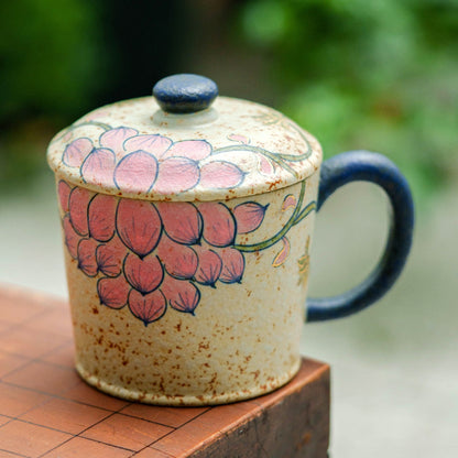 Blue and white gold-trimmed lotus ceramic coffee mug with walnut saucer and porcelain spoon