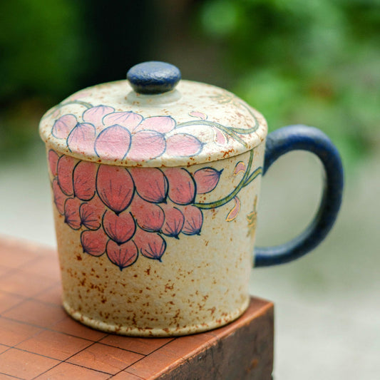 Blue and white gold-trimmed lotus ceramic coffee mug with walnut saucer and porcelain spoon