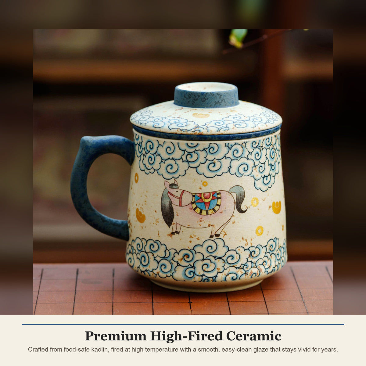 Cloud horse fortune tea mug in blue-white and firestone red, gallery view 4