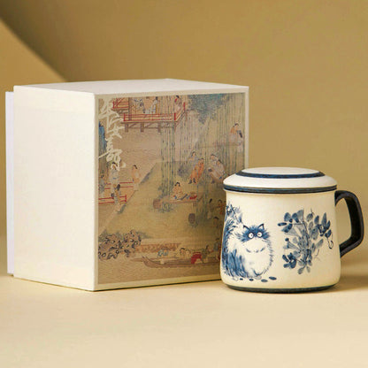 Blue-painted cat tea mug with lid and strainer, gallery view 5