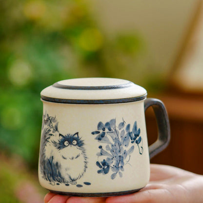 Blue-painted cat tea mug with lid and strainer, gallery view 6