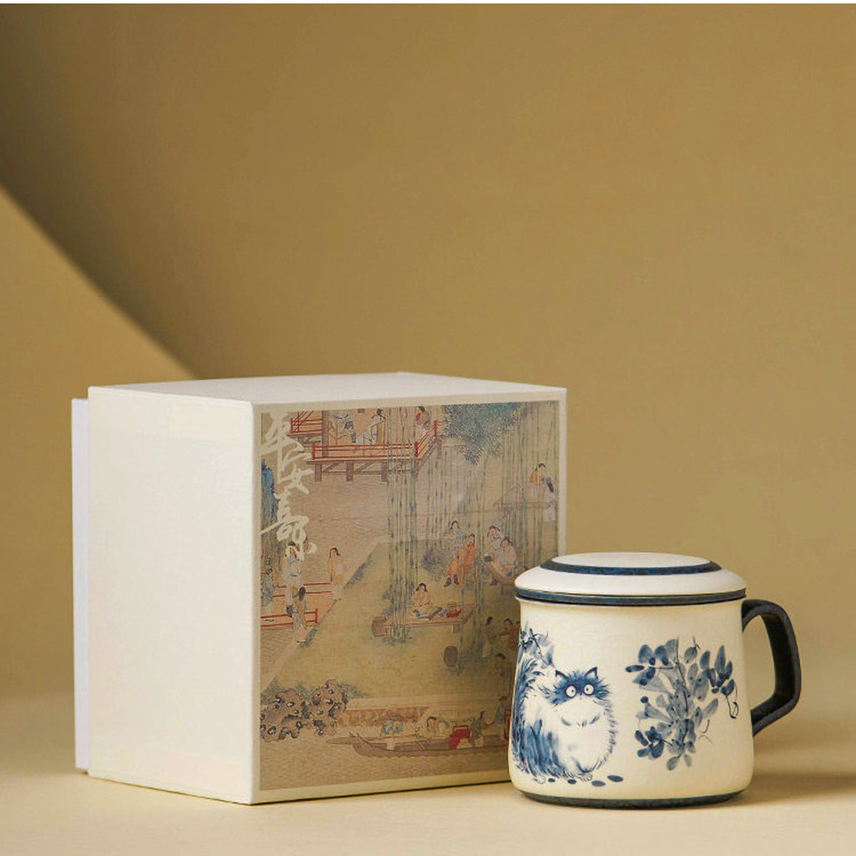 Rock mineral white ceramic tea mug with hand-painted blue cat, lid and strainer